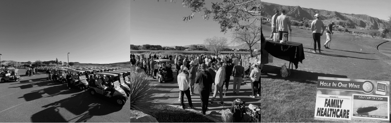 Clubs and Scrubs event scenes — golf carts lined up, physicians socializing, and on-course action at past events